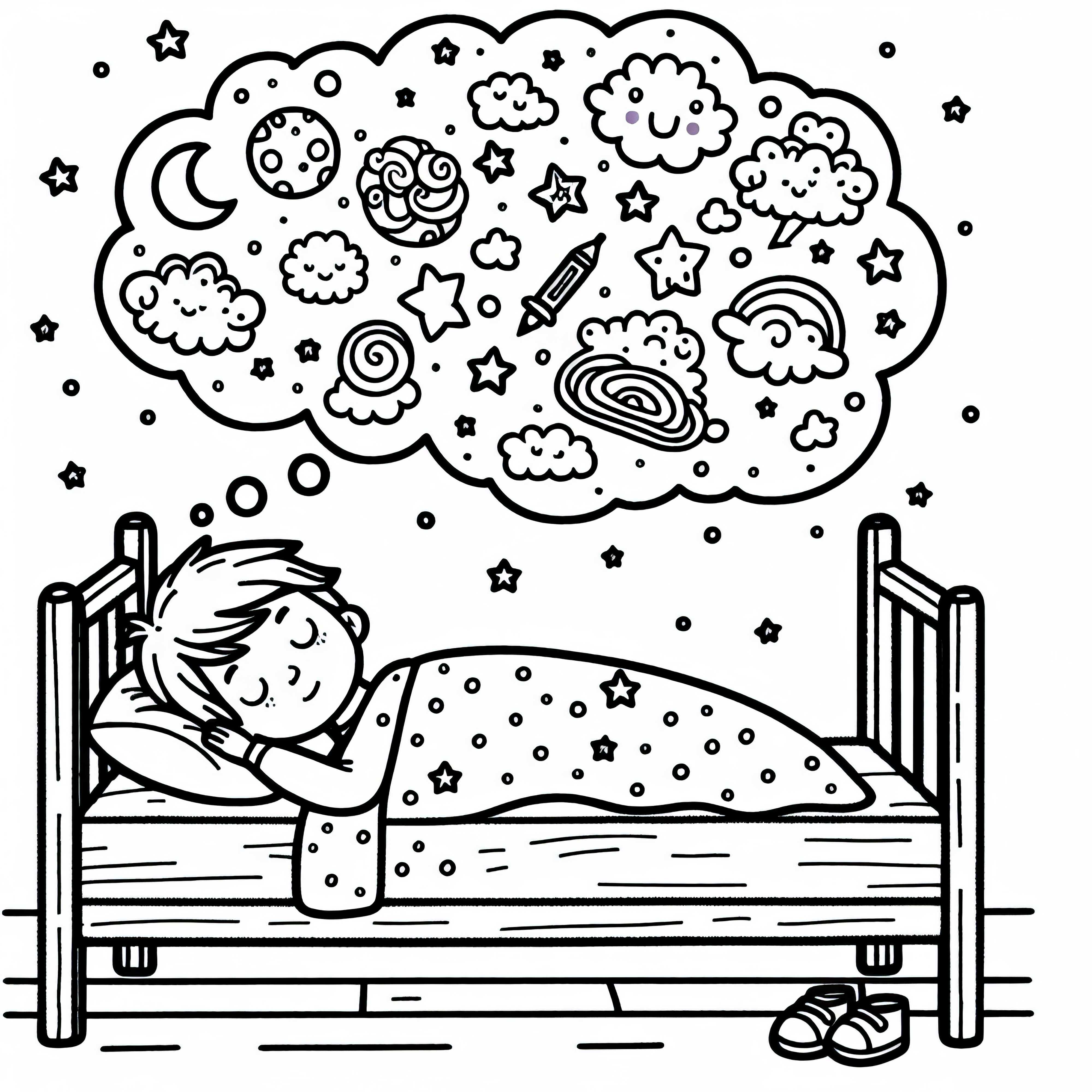 A gyermek álmodik az ágyán: Repülés fantázialényekkel felhőformában – Ingyenes színező oldal