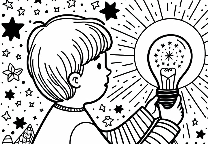 A gyerek bekapcsolja a csillagmintás éjszakai fényt – Ingyenes színezőlap