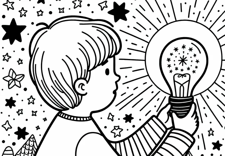 A gyerek bekapcsolja a csillagmintás éjszakai fényt – Ingyenes színezőlap