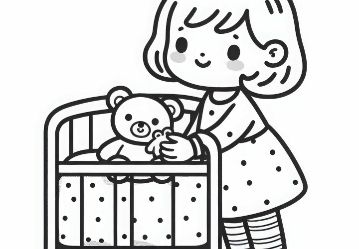 A gyerek elhozza a plüssjátékot, egy kis takarót, és beteszi a babaházba – ingyenes színezőképet