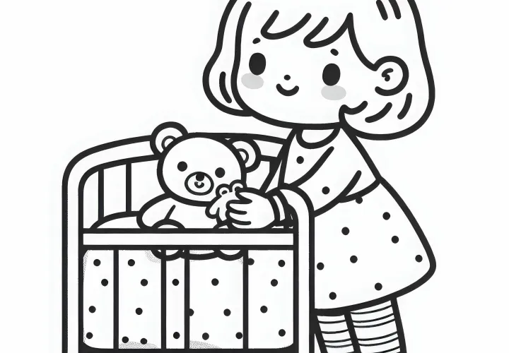 A gyerek elhozza a plüssjátékot, egy kis takarót, és beteszi a babaházba – ingyenes színezőképet