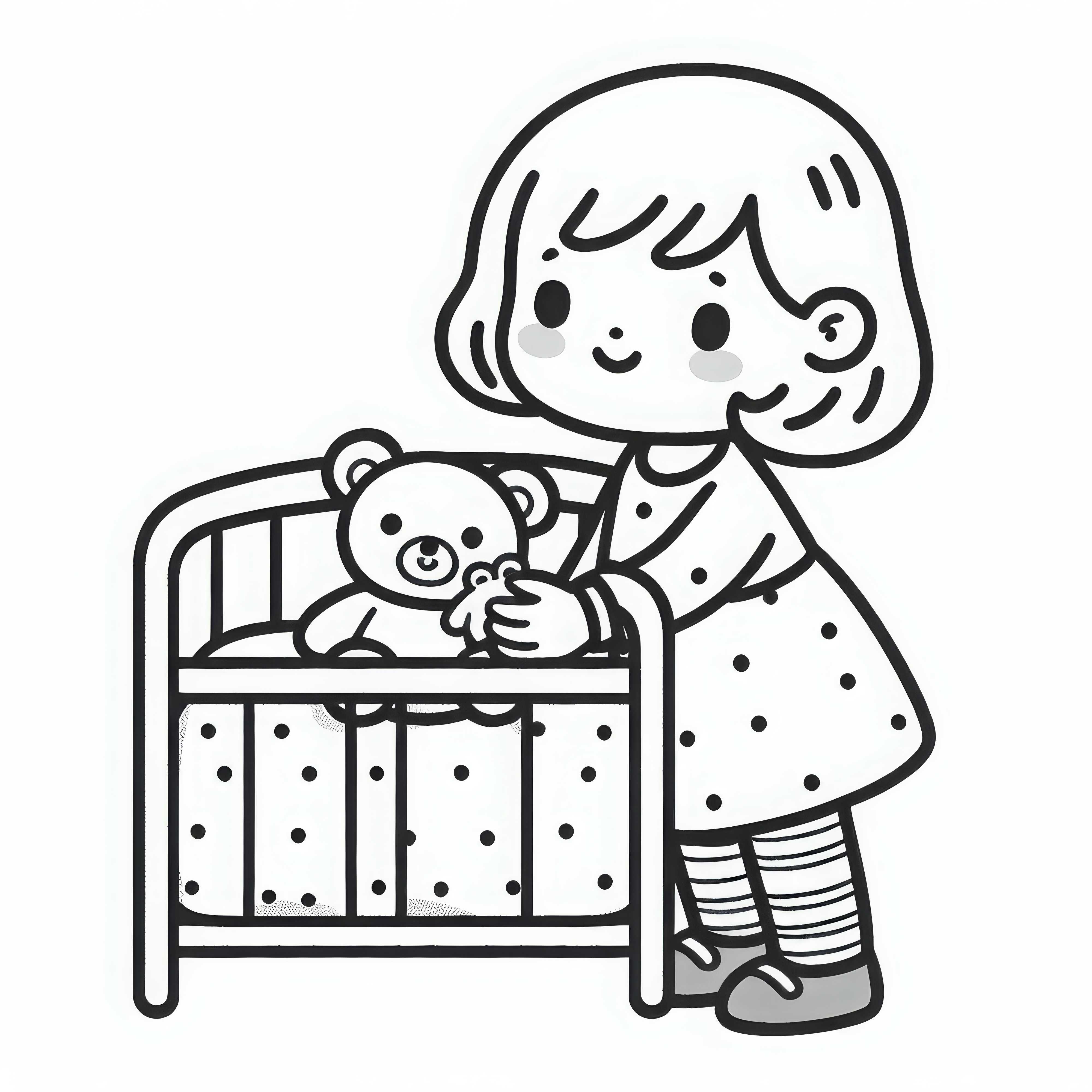 A gyermek hozza a plüssállatot, egy kis takarót, és beleteszi a babakádba – Ingyenes színezőlap