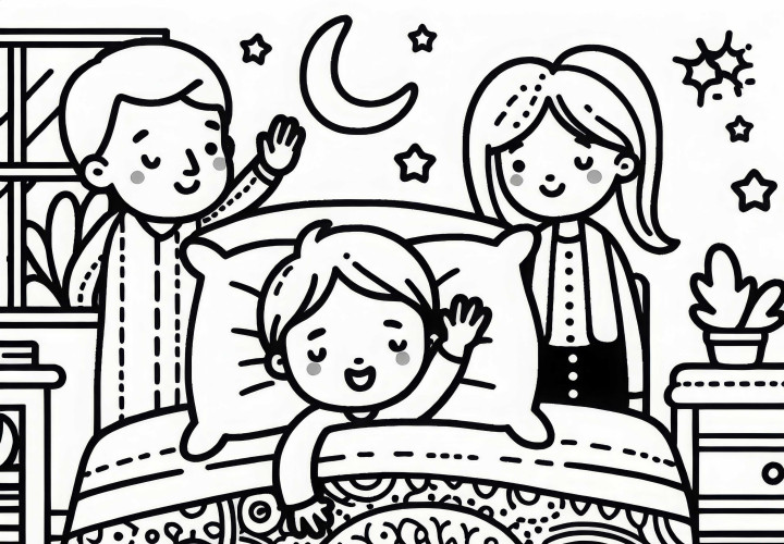 A gyermek már az ágyban fekszik és integet a szülőknek jó éjszakát – ingyenes színezőlap