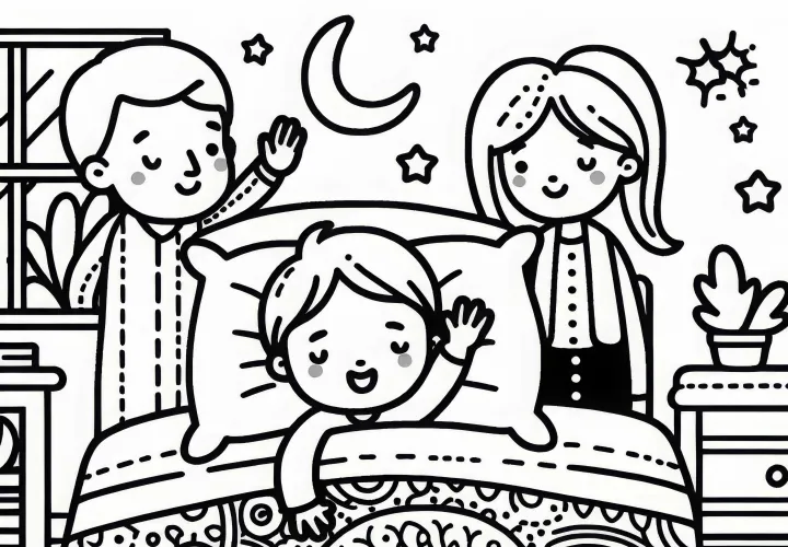 A gyermek már az ágyban fekszik és integet a szülőknek jó éjszakát – ingyenes színezőlap