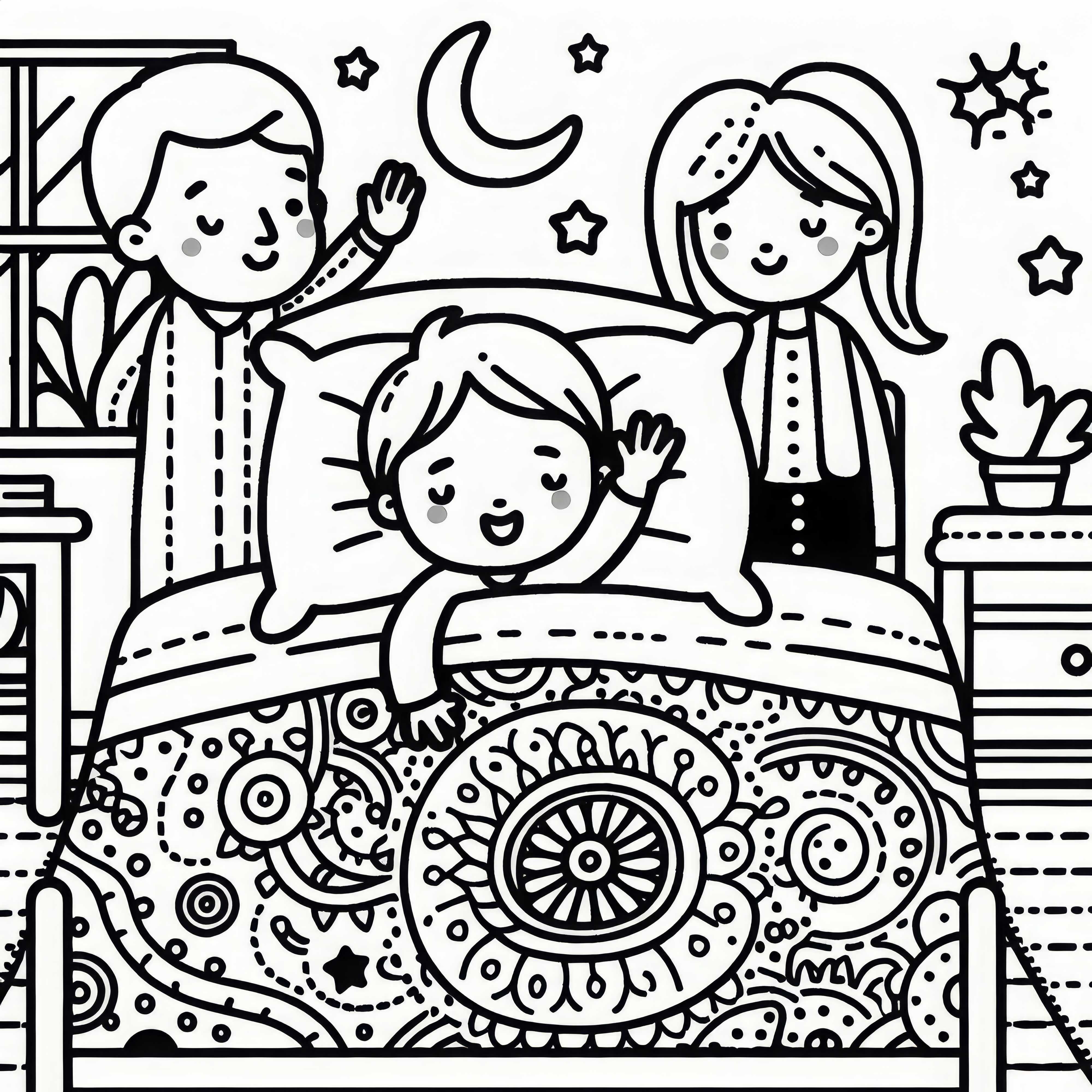 A gyermek már az ágyban fekszik, és integet a szülőknek jó éjt – Ingyenes színezőlap