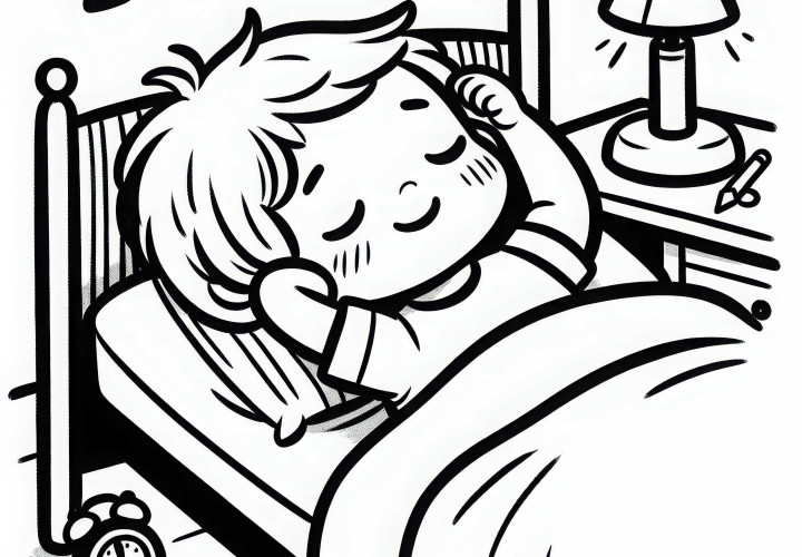 Criança se espreguiçando sonolenta na cama – Modelo para colorir grátis