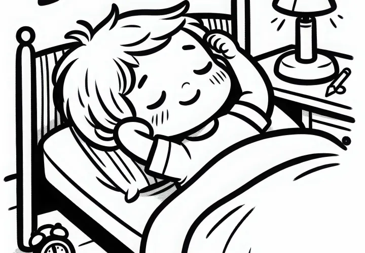 Criança se espreguiçando sonolenta na cama – Modelo para colorir grátis