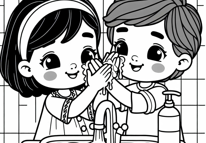 Duas crianças lavam o rosto na pia - Desenho para colorir gratuito