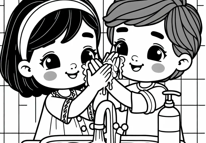 Duas crianças lavam o rosto na pia - Desenho para colorir gratuito