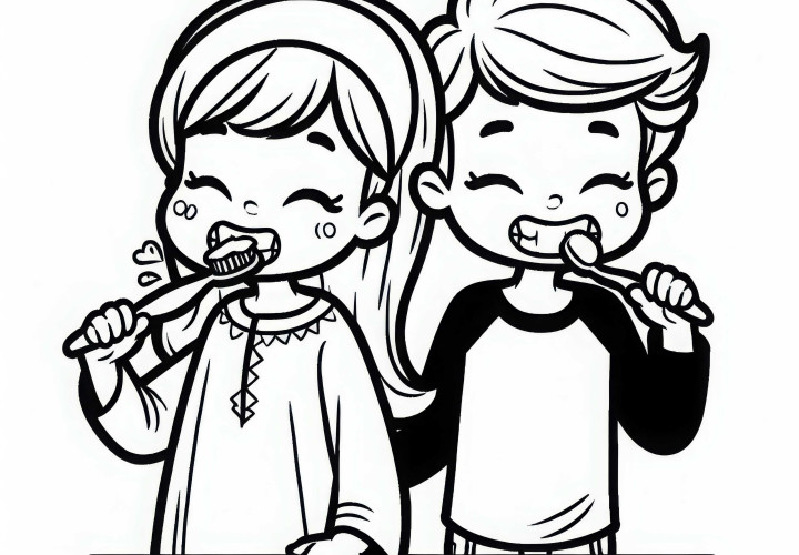 Irmãos escovando os dentes ao mesmo tempo e fazendo caretas - Desenho para colori gratuito