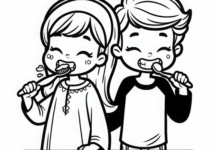 Irmãos escovando os dentes ao mesmo tempo e fazendo caretas - Desenho para colori gratuito