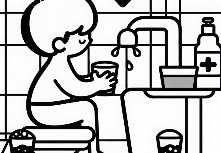 Criança enchendo o copo com água para enxaguar os dentes – Modelo para colorir grátis