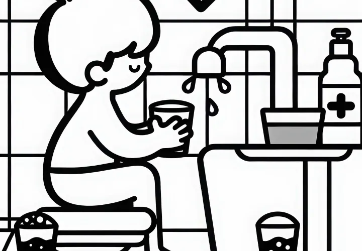 Criança enchendo o copo com água para enxaguar os dentes – Modelo para colorir grátis