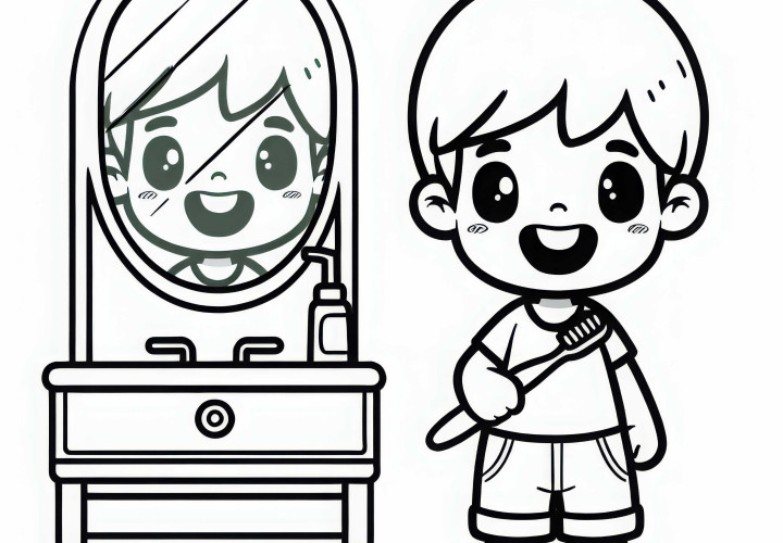 Criança está com a escova de dentes em frente ao espelho e sorri – desenho para colorir grátis
