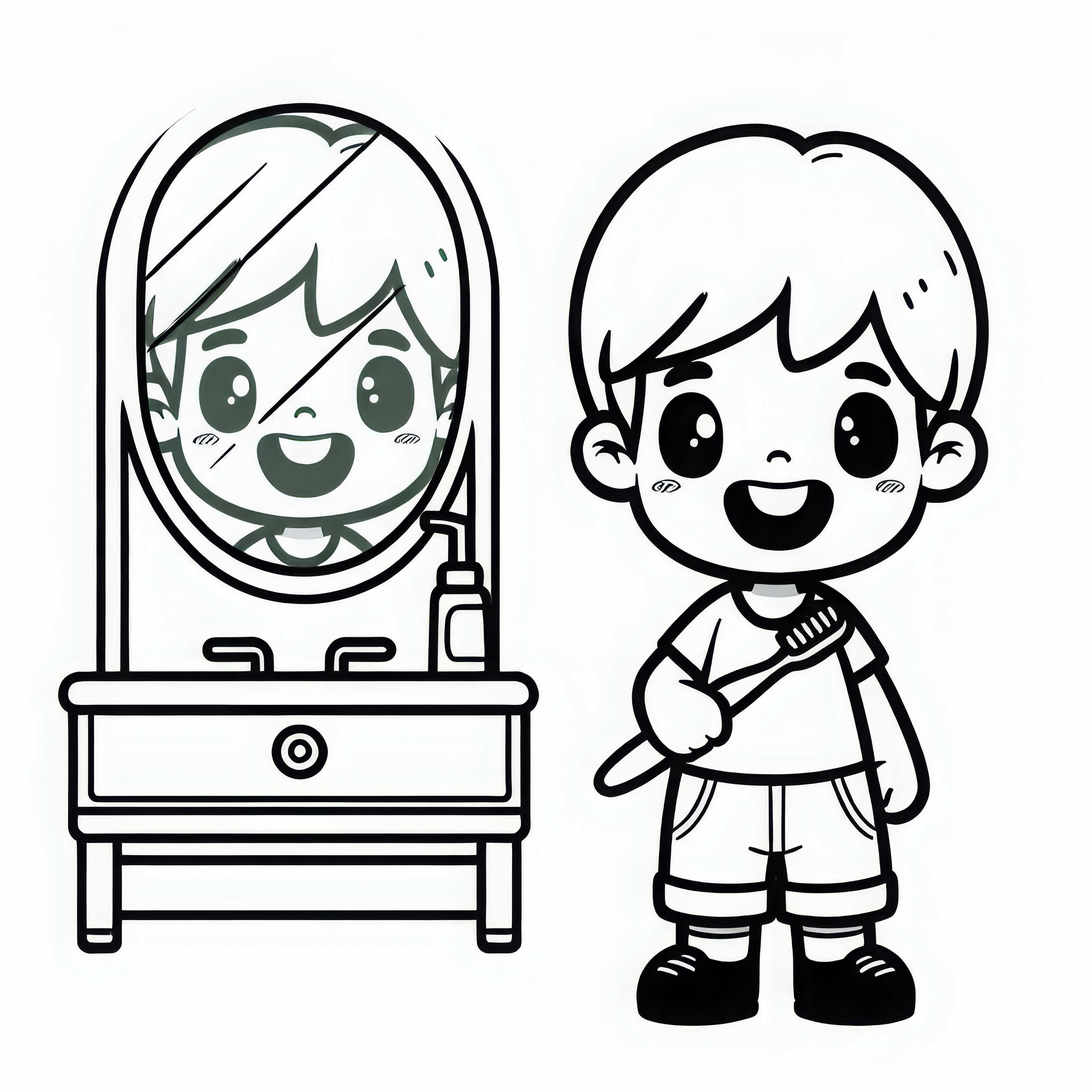Criança está com a escova de dentes na frente do espelho e sorrindo – Desenho para colorir gratuito Criança está em frente ao espelho com uma escova de dentes e sorrindo – Imagem para colorir grátis