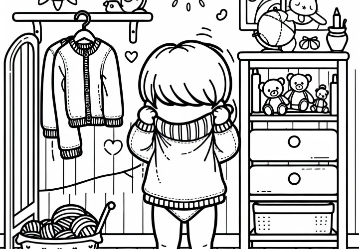 Criança coloca um suéter pela cabeça no quarto – Desenho para colorir grátis
