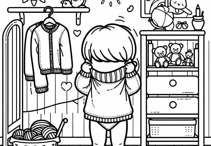 Criança coloca um suéter pela cabeça no quarto – Desenho para colorir grátis