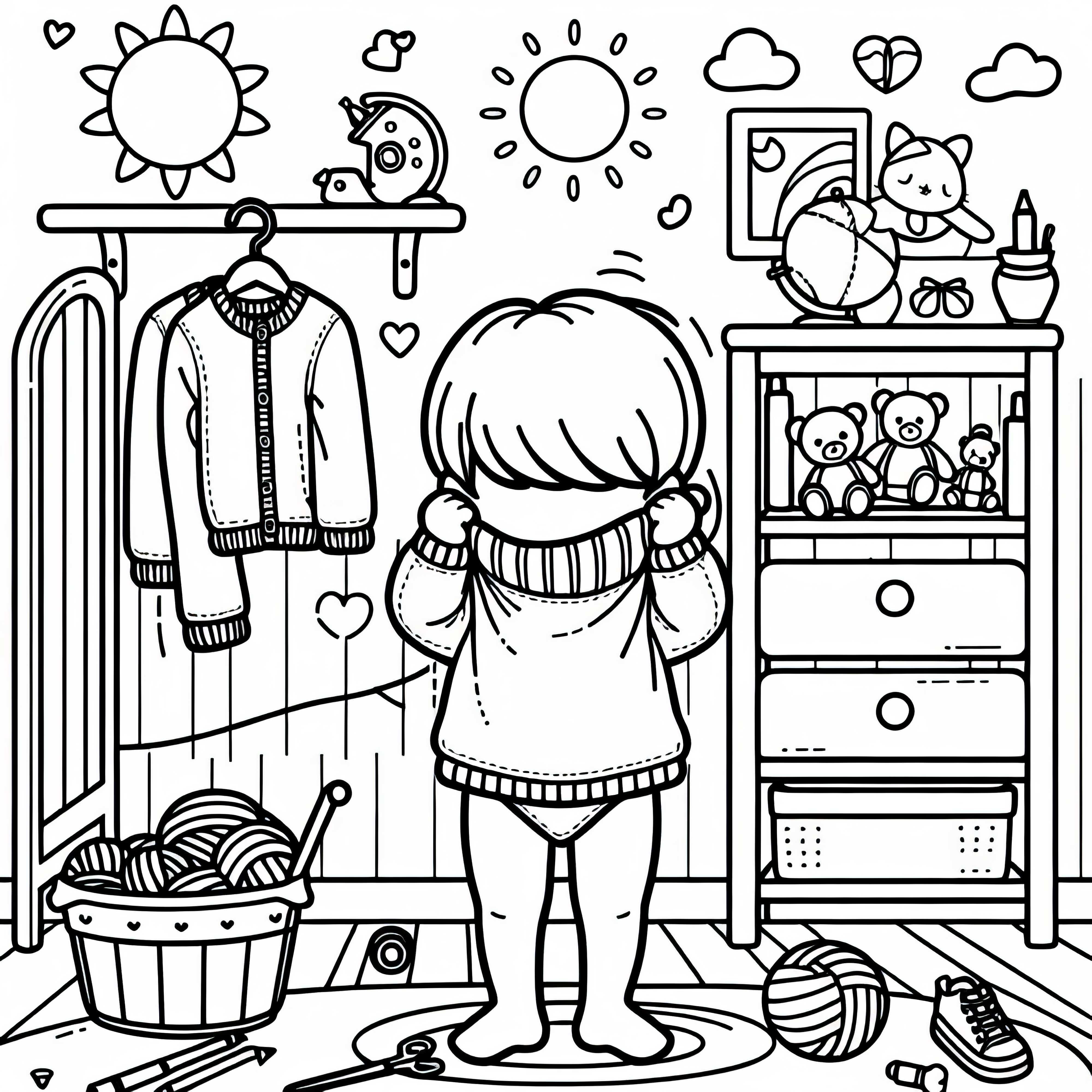 Criança coloca um pulôver pela cabeça no quarto – Desenho para colorir gratuito Criança coloca um suéter pela cabeça no quarto das crianças - Desenho para colorir grátis