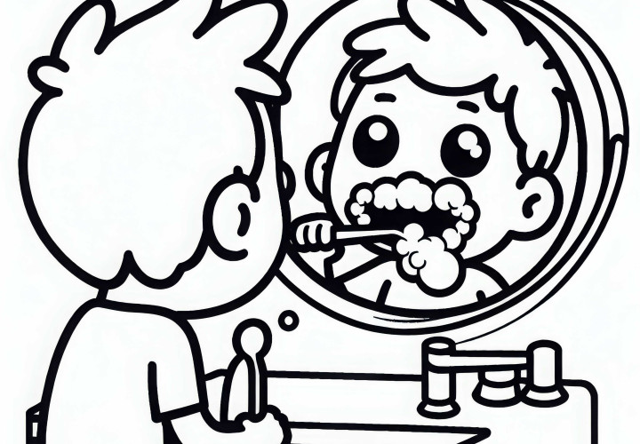 Criança olha atentamente para o espelho com espuma de pasta de dente na boca - Modelo para colorir gratuito