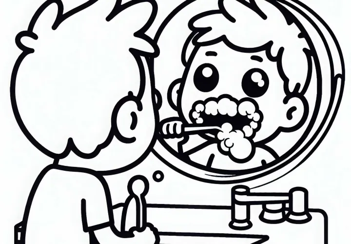 Criança olha atentamente para o espelho com espuma de pasta de dente na boca - Modelo para colorir gratuito