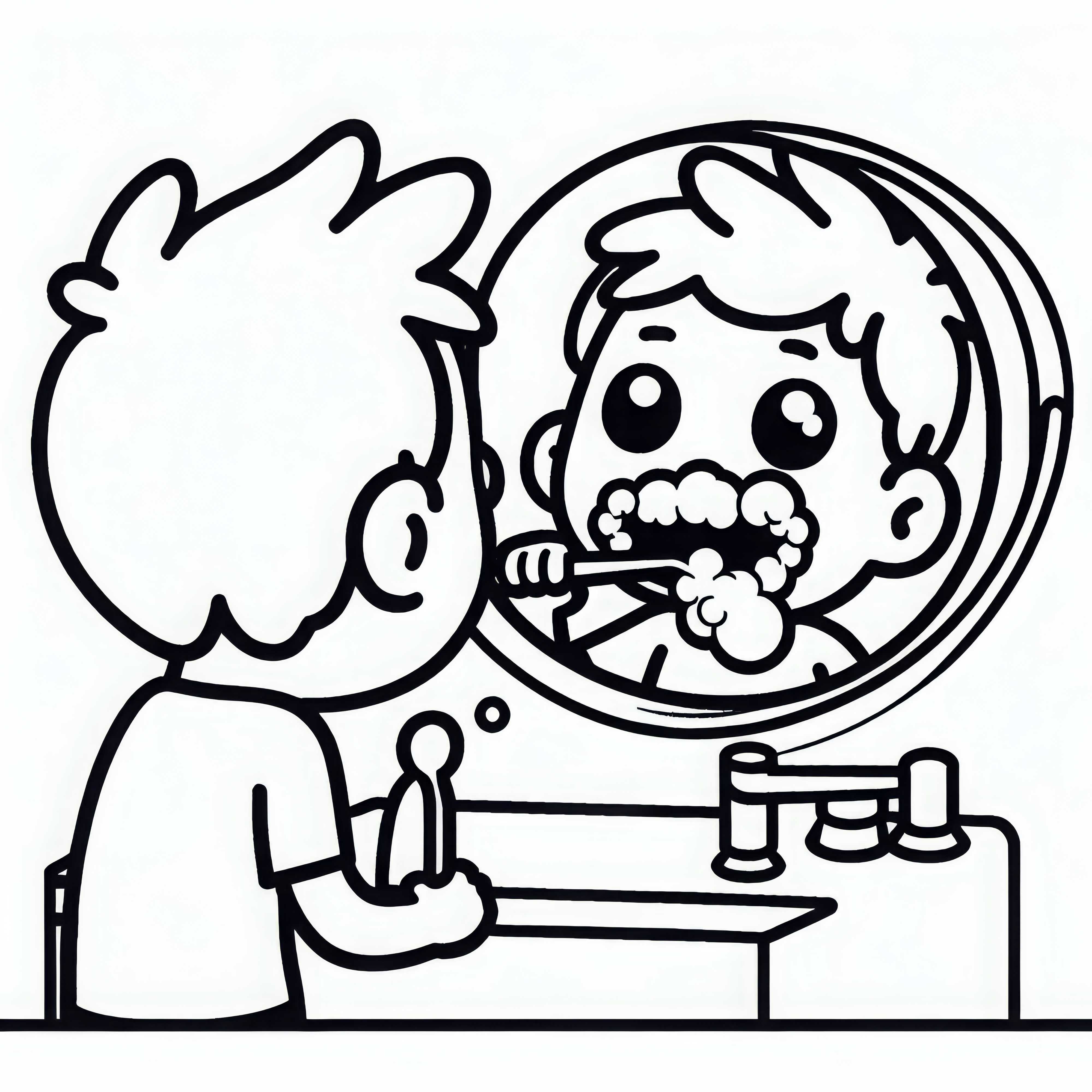 Criança olha atentamente para o espelho com espuma de pasta de dente na boca - modelo para colorir gratuito