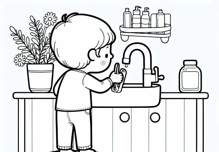 Criança sobe em um banquinho para chegar à pia - Desenho para colorir grátis