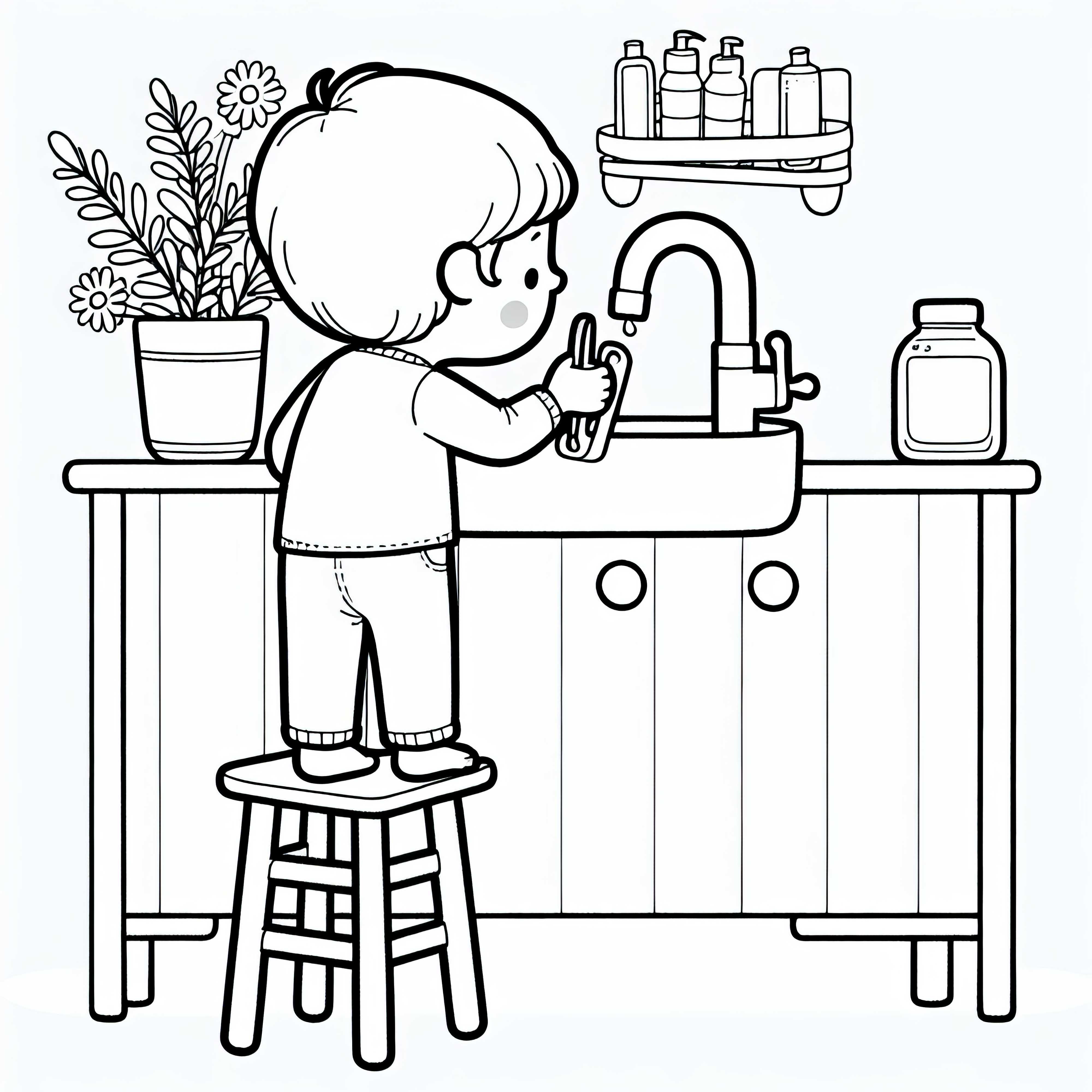 Criança sobe em um banquinho para chegar à pia – Desenho para colorir grátis