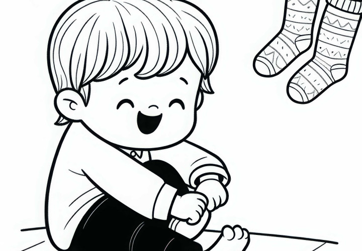 Criança coloca meias e ri enquanto isso – Modelo para colorir gratuito