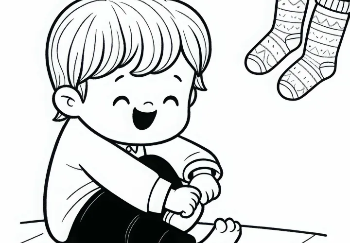 Criança coloca meias e ri enquanto isso – Modelo para colorir gratuito
