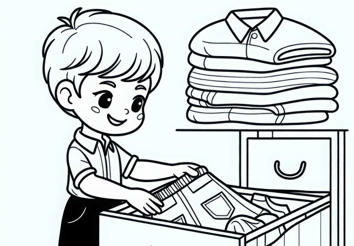 Criança tira roupas limpas da cômoda - Desenho para colorir grátis