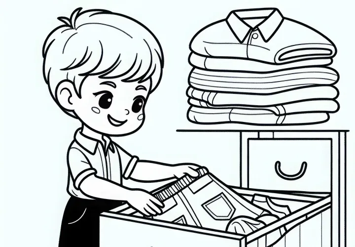 Criança tira roupas limpas da cômoda - Desenho para colorir grátis