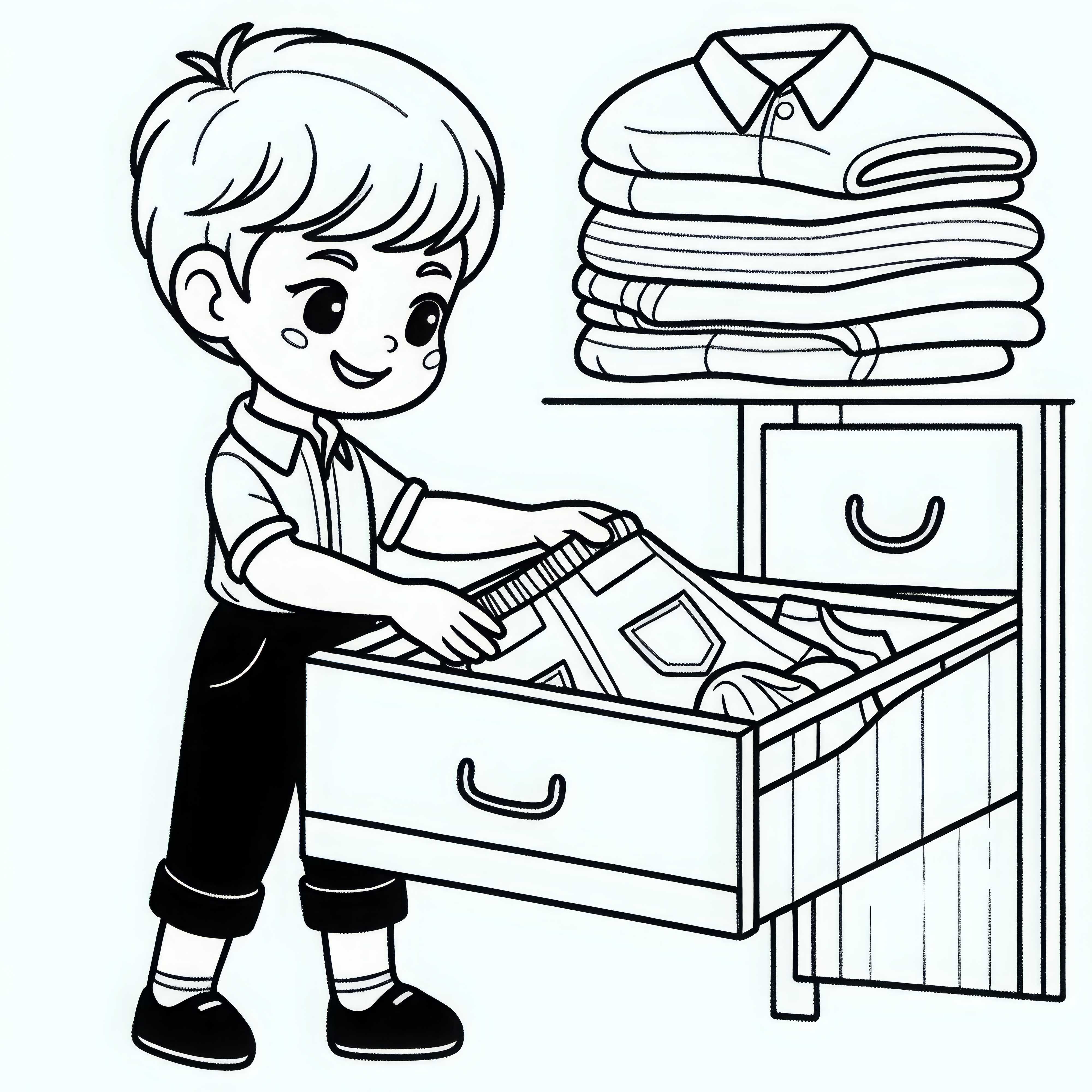 Criança tira roupas limpas da cômoda - Desenho para colorir grátis