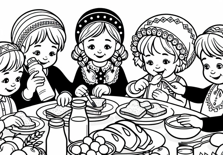 Crianças comem juntas café da manhã com pão, frutas e leite - Modelo de colorir grátis