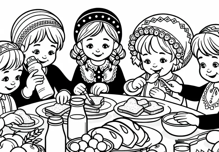 Crianças comem juntas café da manhã com pão, frutas e leite - Modelo de colorir grátis