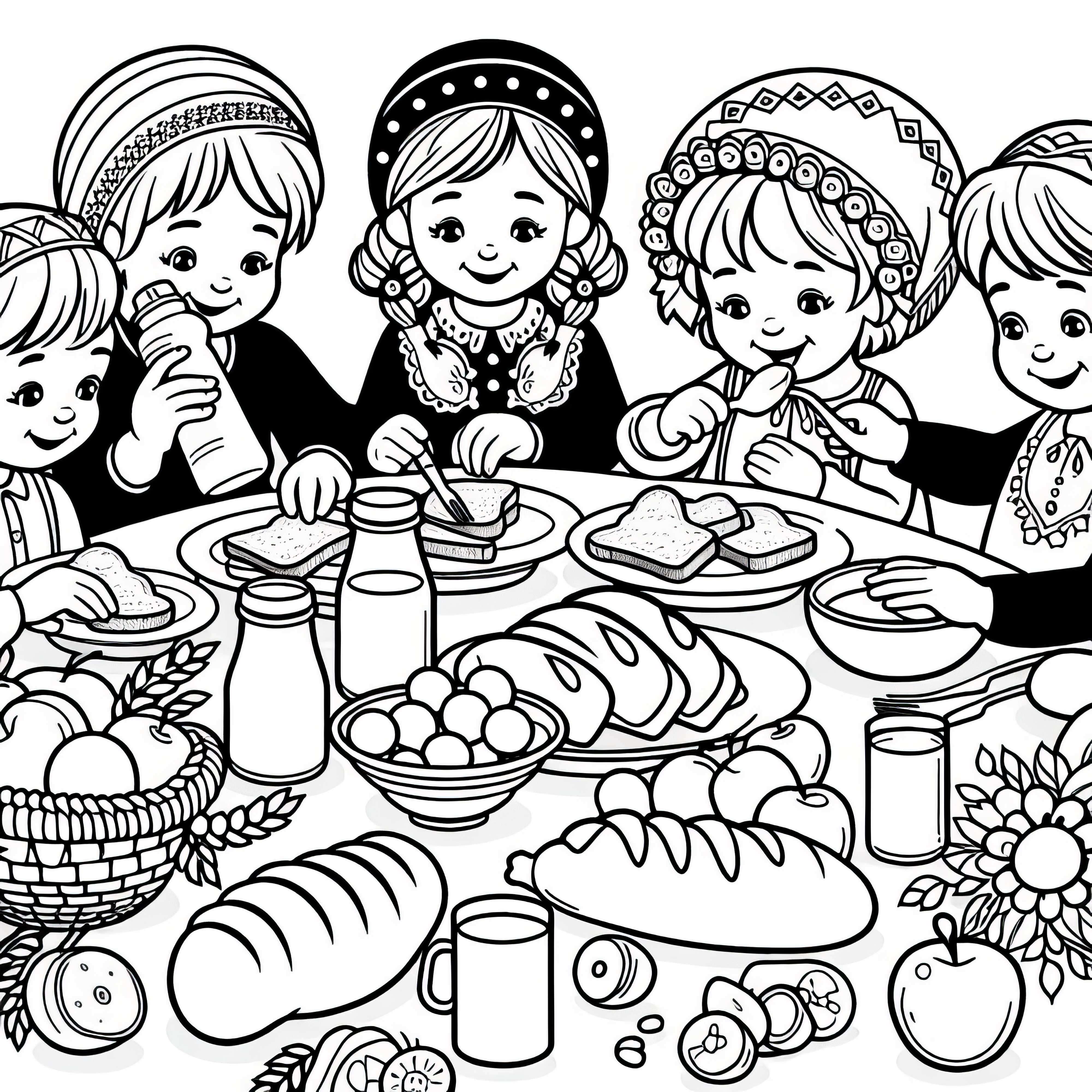 Crianças comem juntas café da manhã com pão, frutas e leite - Desenho para colorir grátis Crianças tomam café da manhã juntas com pão, frutas e leite - modelo de pintura grátis