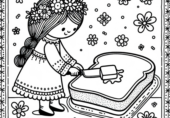 Menino pinta manteiga no pão - Desenho para colorir para download gratuito