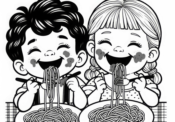 Duas crianças riem enquanto comem espaguete com molho de tomate no rosto - Desenho para colorir grátis