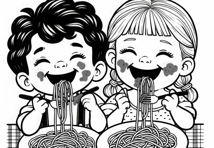 Duas crianças riem enquanto comem espaguete com molho de tomate no rosto - Desenho para colorir grátis