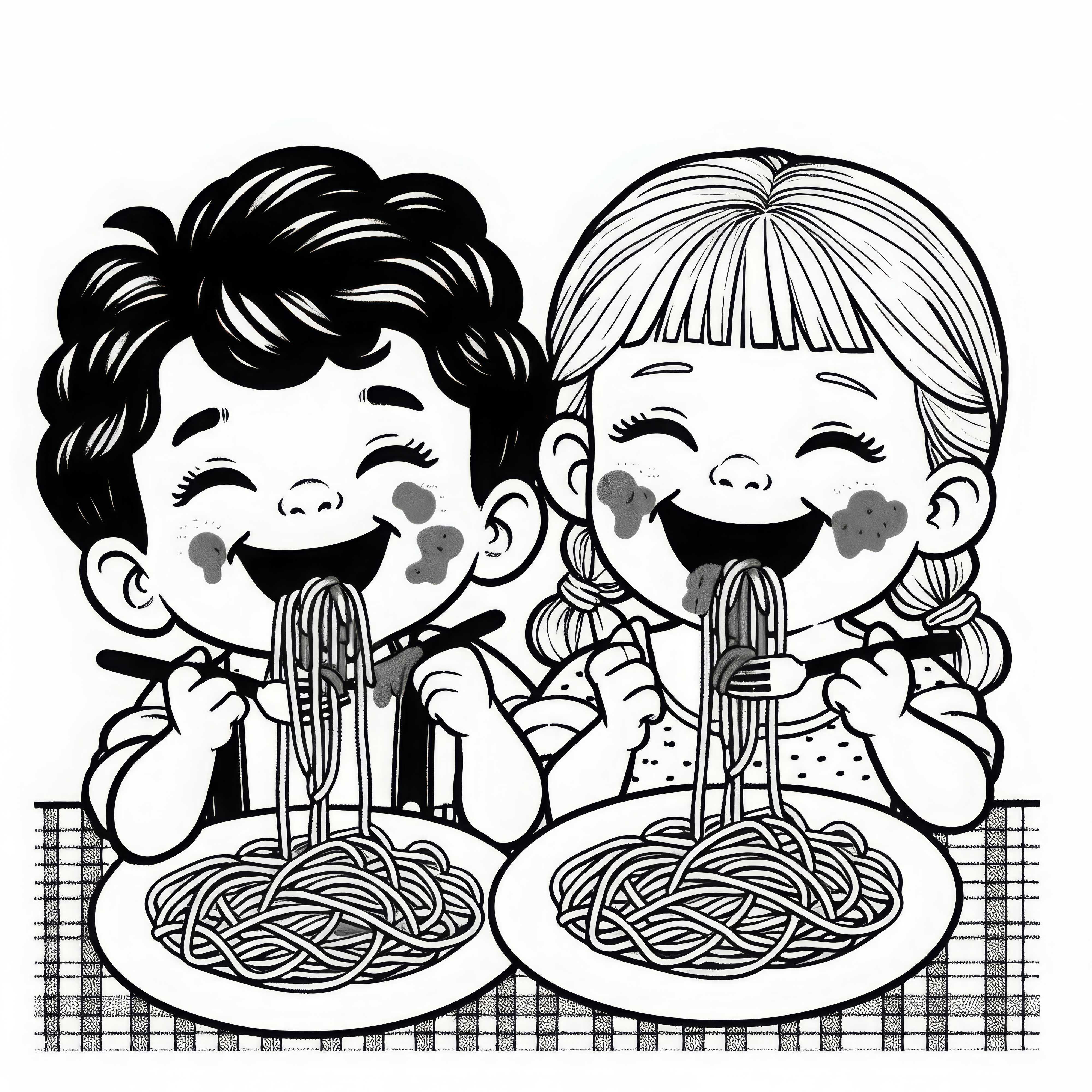 Duas crianças estão rindo enquanto comem espaguete com molho de tomate no rosto - Desenho para colorir grátis