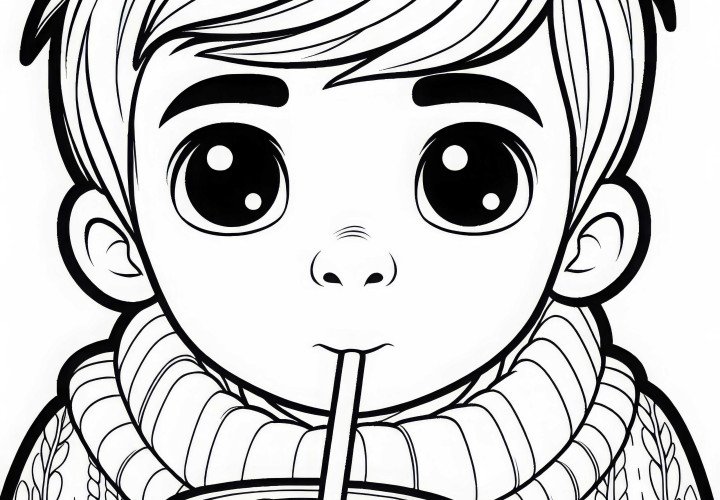 Criança bebe cacau com canudo – Desenho para colorir grátis