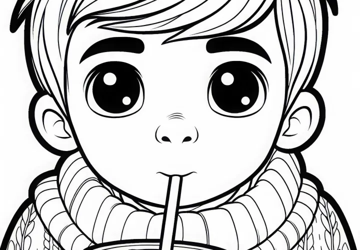 Criança bebe cacau com canudo – Desenho para colorir grátis