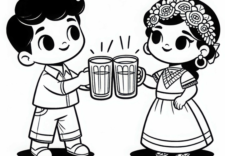 Duas crianças brindam com copos — Saúde! Desenho para colorir gratuito
