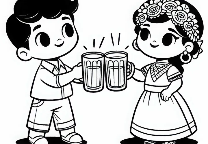 Duas crianças brindam com copos — Saúde! Desenho para colorir gratuito