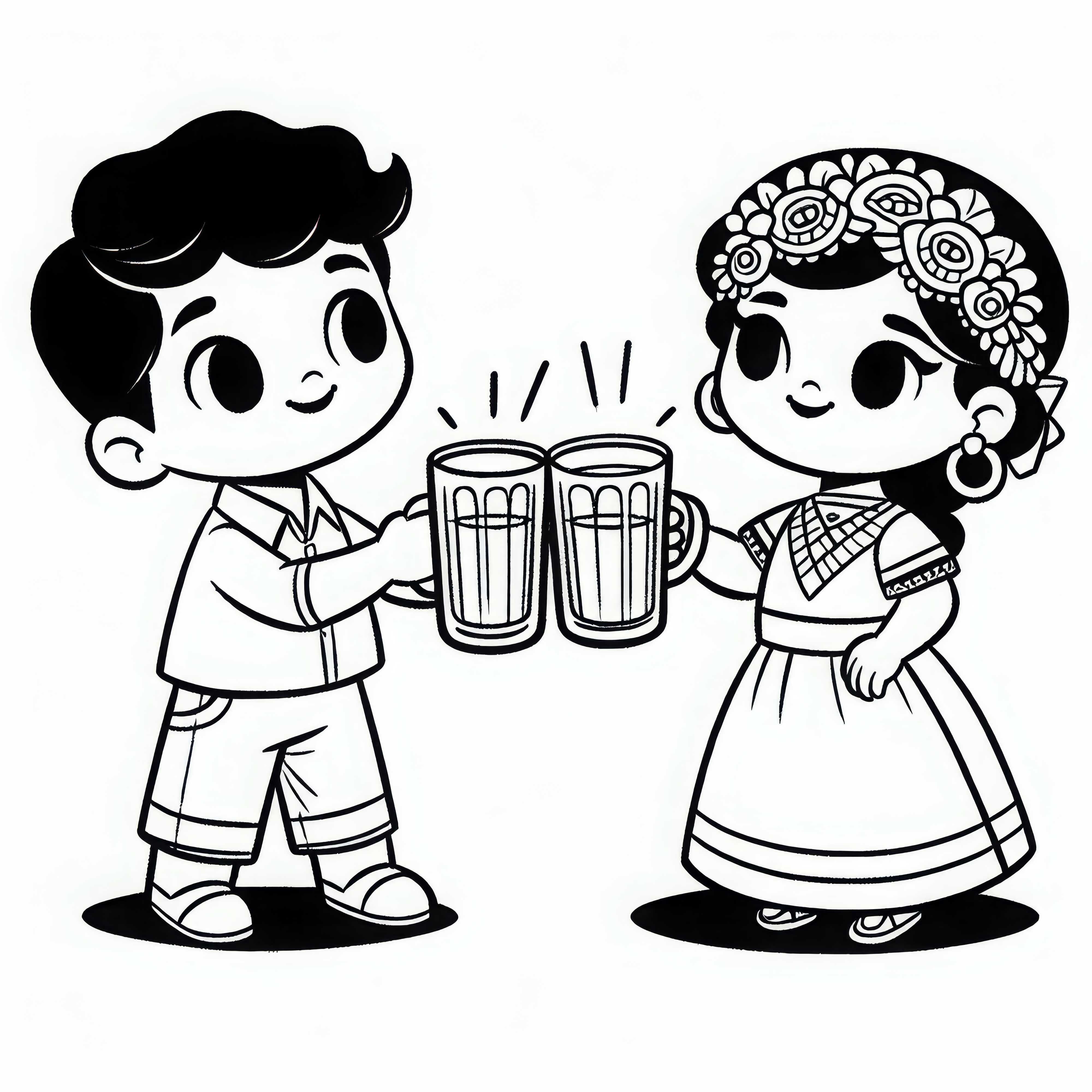 Duas crianças brindam com copos – Saúde! Desenho para colorir gratuito