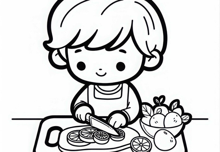 Criança corta frutas em tábua de corte infantil – Modelo para colorir gratuito