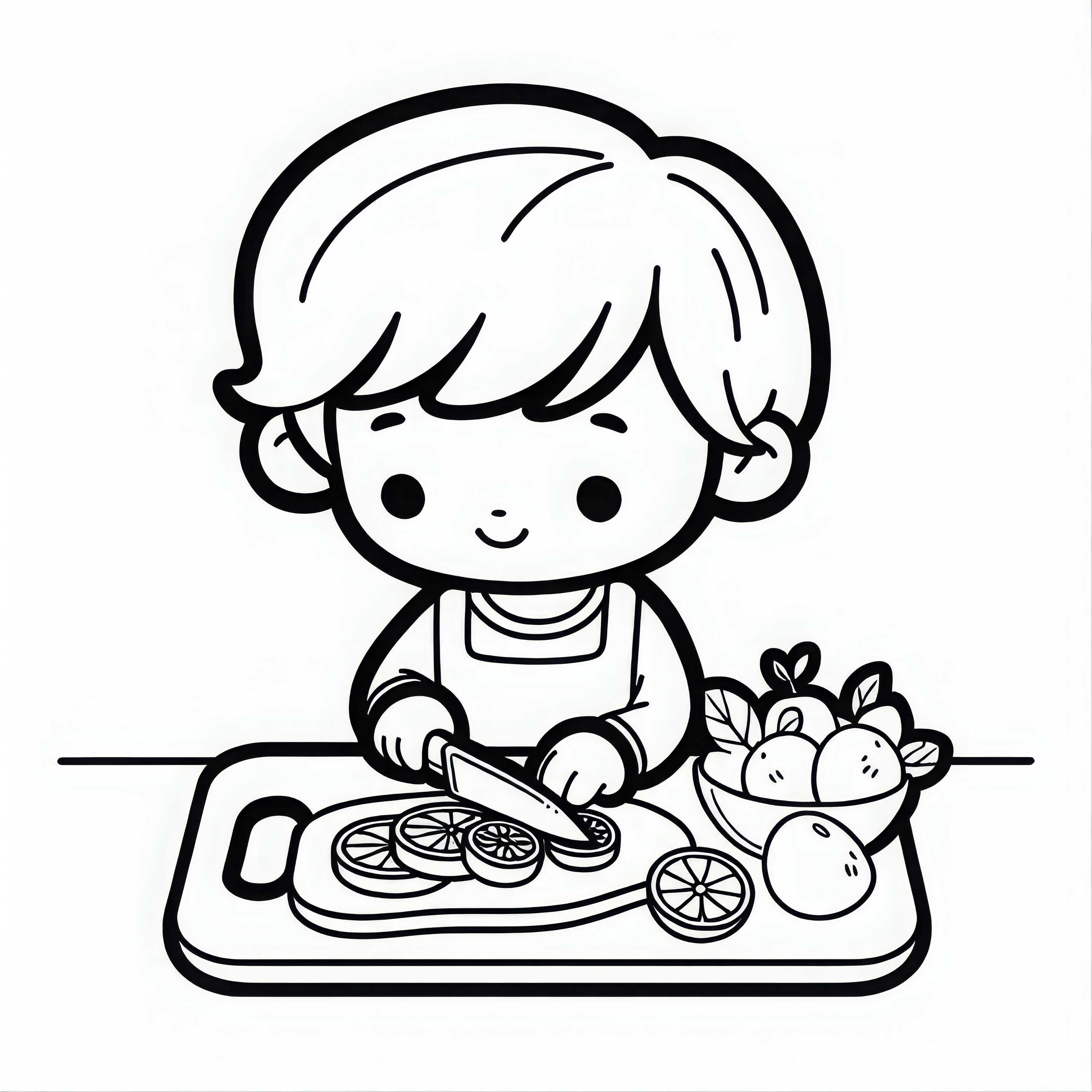 Criança corta frutas em tábua de cortar para crianças - Modelo de pintura gratuito Criança corta frutas em uma tábua de corte para crianças – Modelo de colorir gratuito