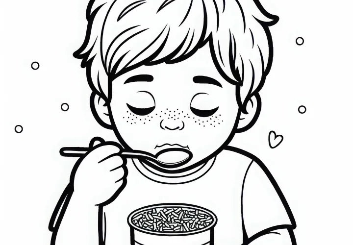 A criança come iogurte com granulado concentradamente - Modelo de desenho grátis