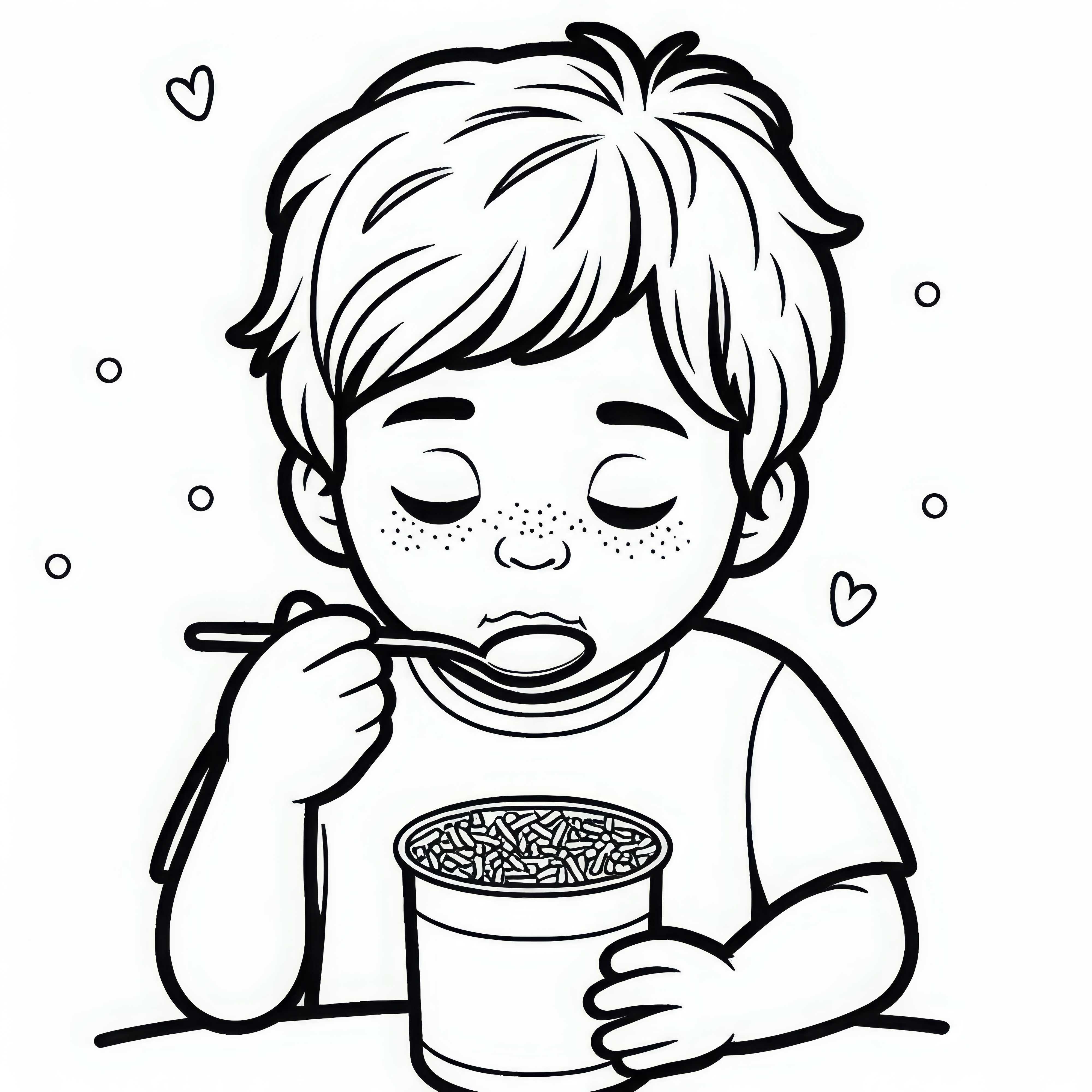 A criança come iogurte com granulados de forma concentrada - Desenho para colorir grátis