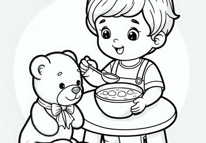 Criança alimenta pelúcia com prato imaginário – Molde para colorir gratuito