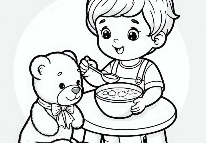 Criança alimenta pelúcia com prato imaginário – Molde para colorir gratuito